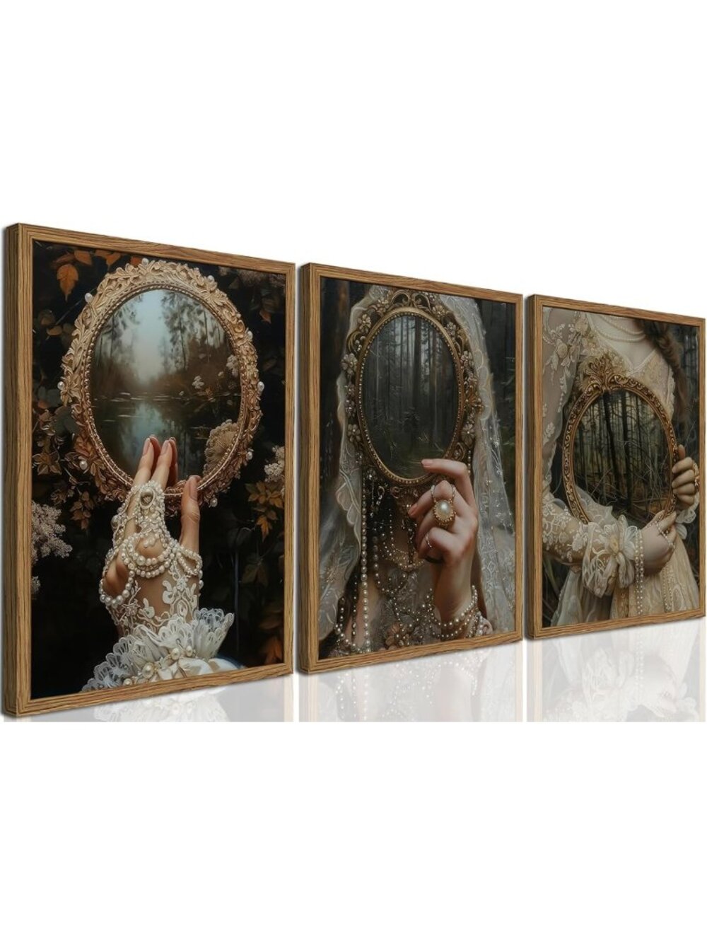 Gothic Dark Academia Canvas Wall Art Set of 3 - Vintage Witch Mirror Decor